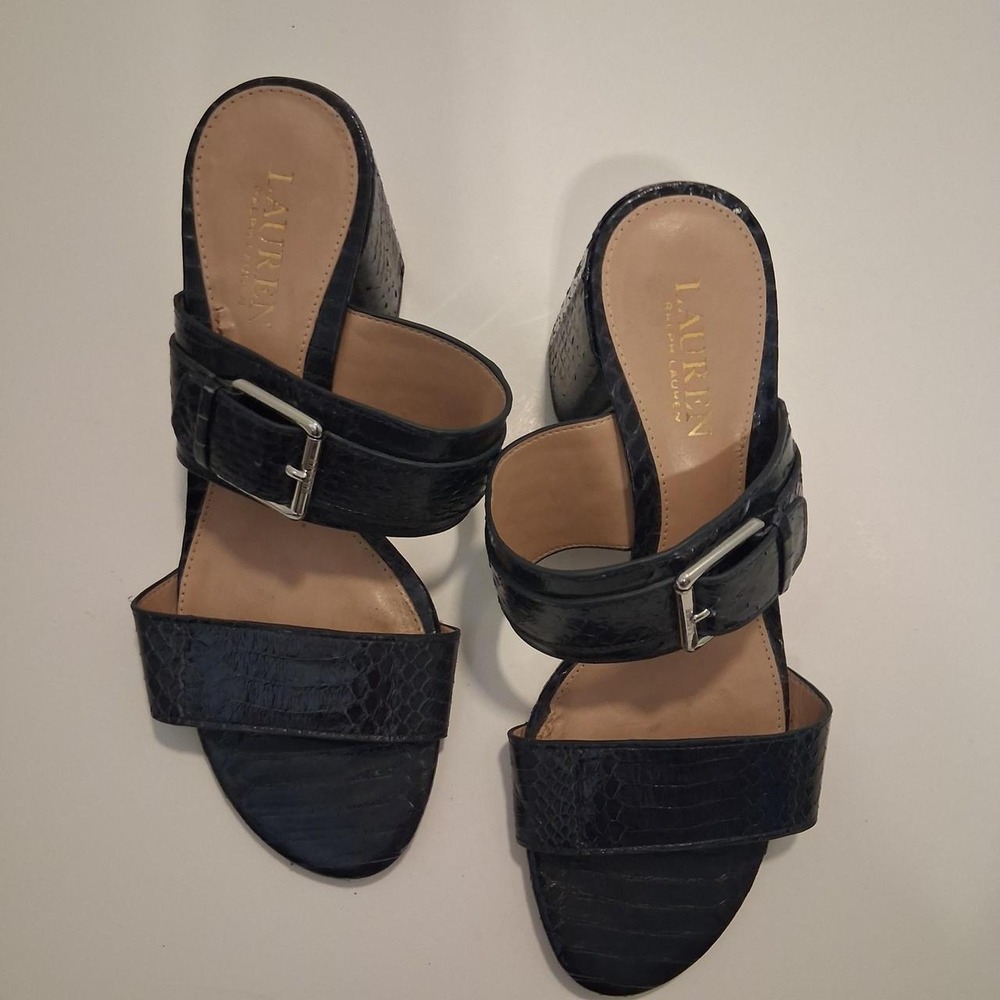 Lauren Ralph Lauren navy 100% snake leather snakeskin block heel sandals buc